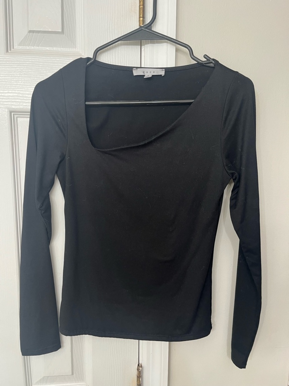 gaze Black Asymmetric Scoop Neck Long Sleeve Top - Fitted Silhouette